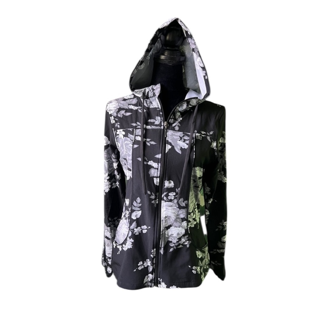 Albion Fit Women’s Black Floral Antigua‎ Full Zip Hooded Light Jacket Small